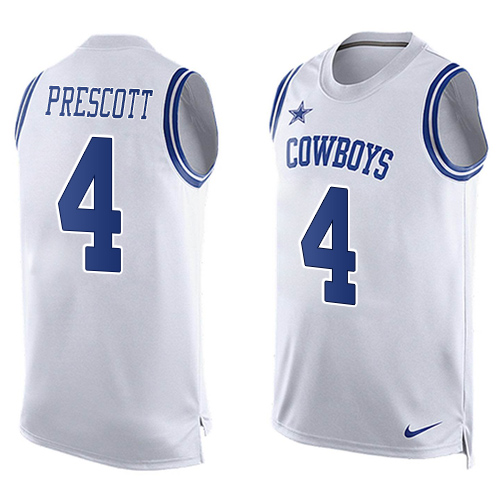 Men's Limited Dak Prescott Nike Jersey White - #4 Player Name & Number Tank Top NFL Dallas Cowboys